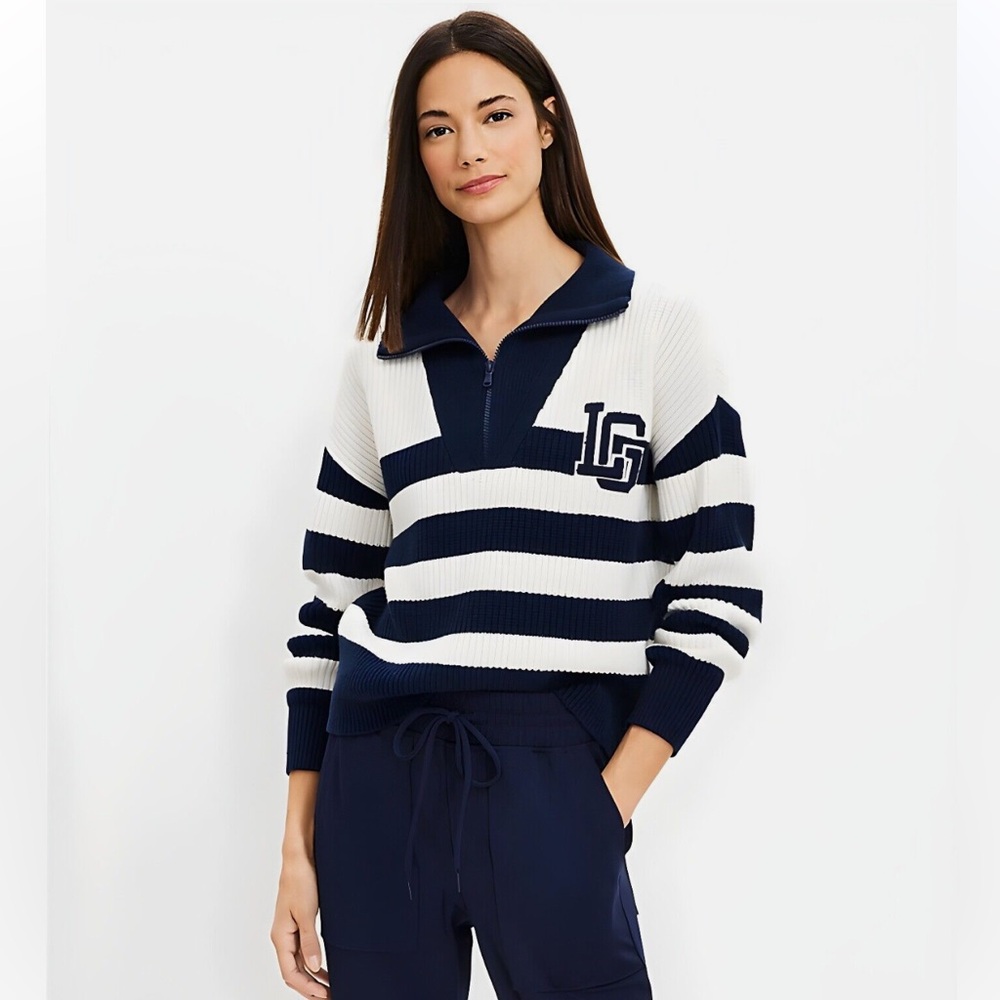 Lou & Grey Striped Varsity Letter Half Zip Sweater